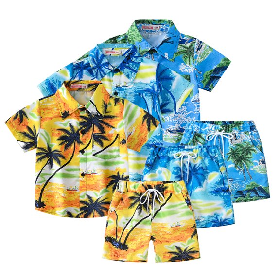 WOLLED Toddler Baby Boys Summer Shorts Set Kids 2 PCS Floral Hawaiian Outfits Button down Shirt Tops Bermuda Shorts Beach Vacation Leisure Suit for 2-12 Years Old