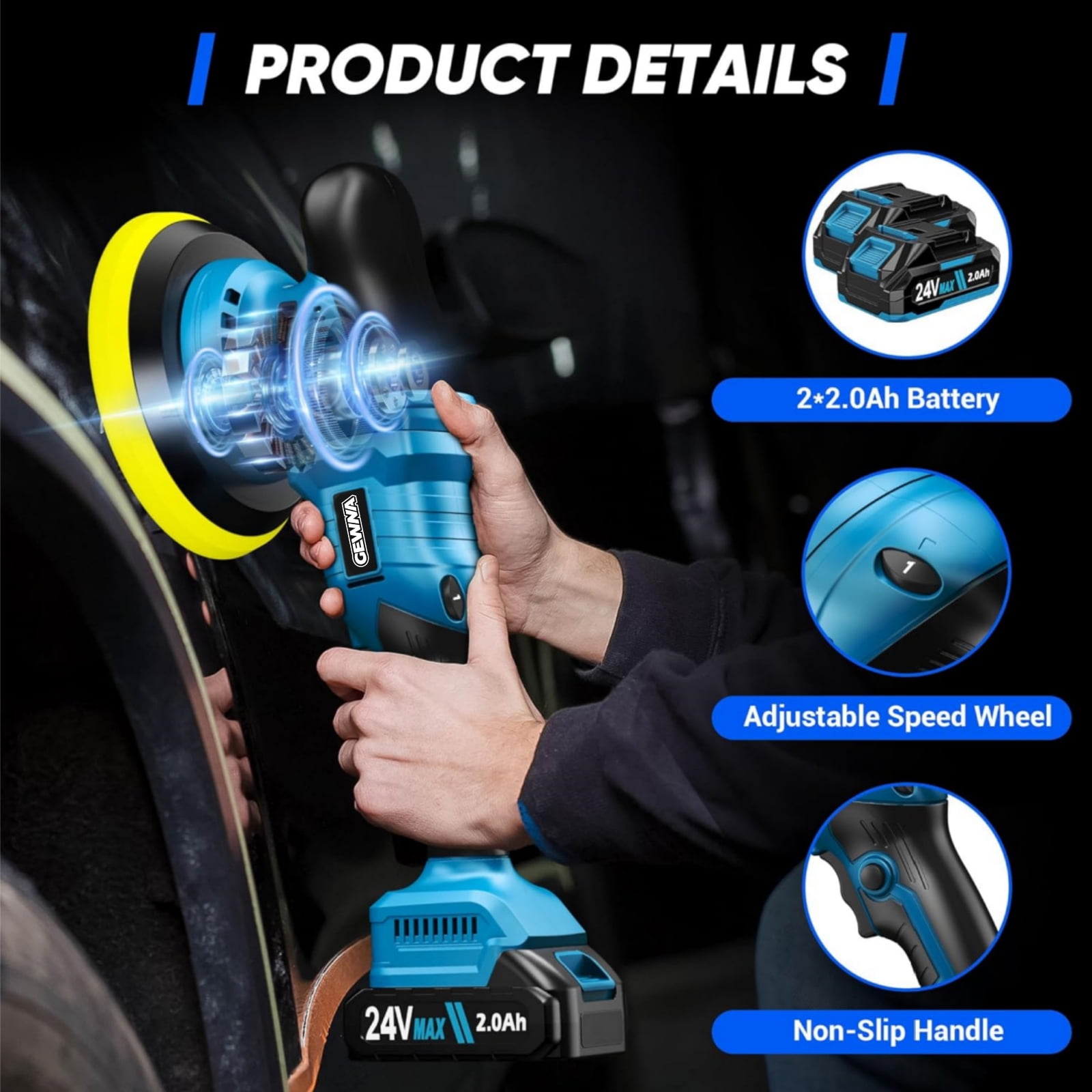 Gewna 24V Cordless Car Polisher, 2x2.0Ah Batteries, 6-Speed Variable Speed Control, 5-Inch Random Orbital Buffer Waxer Kit for Car Detailing & Polishing