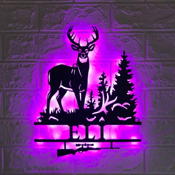 Handmadetneonsign Custom Deer In The Forest Metal Wall Art LED Light, Personalized Deer Name Sign