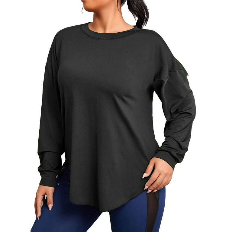 Women's Plus Size Drop Shoulder Loose Long Sleeve Sports Tee Oversized  Shirt 1XL(14)