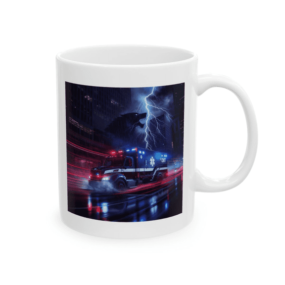 Code Alpha EMT Coffee Mug – Storm Response Series – 11 oz Ceramic Mug with Lightning Wolf & Ambulance Design – First Responder Gift