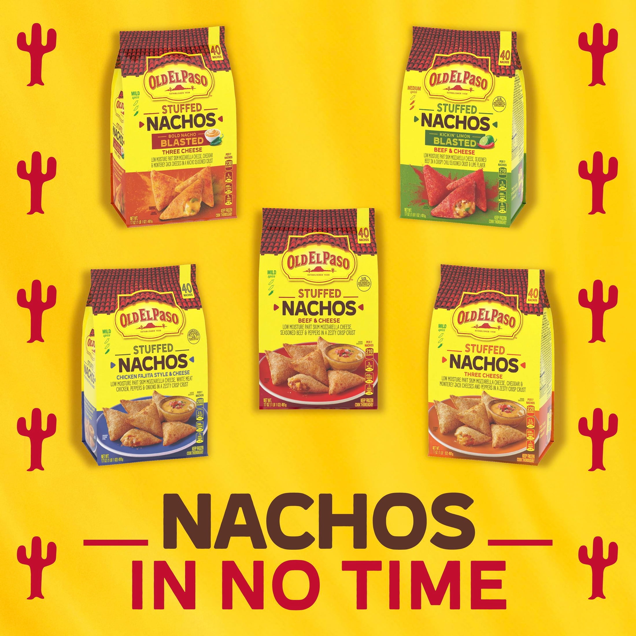 Old El Paso Stuffed Nachos, Three Cheese, Frozen Snacks, 40 Ct, 17 oz