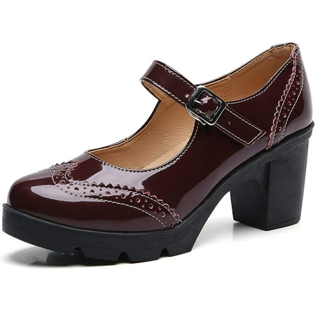 

Women s Leather Classic Platform Mid Heel Mary Jane Square Toe Oxfords Dress Shoes