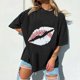 thumbnail image 4 of Tops de manga corta de ocio para mujer, estampado de labios, divertido estampado de béisbol, cuello redondo OAVQHLG3B Store  lin121212, 4 of 5