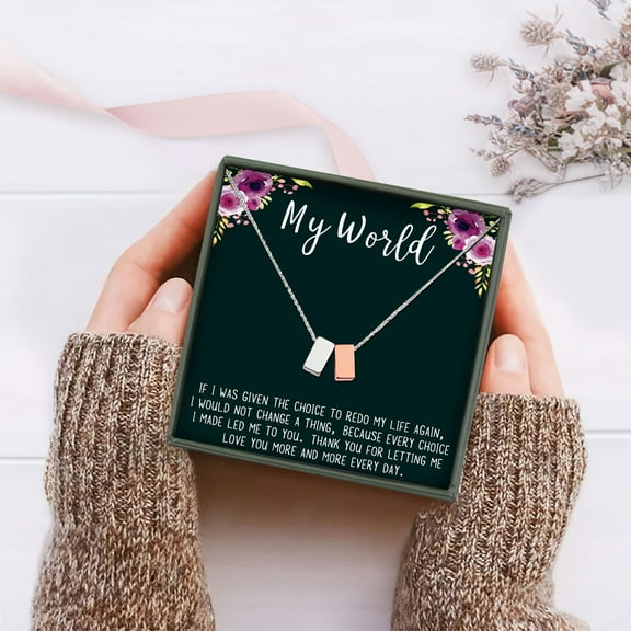 Anavia My Wife My World Eternity Cubes Necklace Anniversary Christmas Gift for Her Card Necklace Jewelry [1 Silver & 1 Rose Gold]