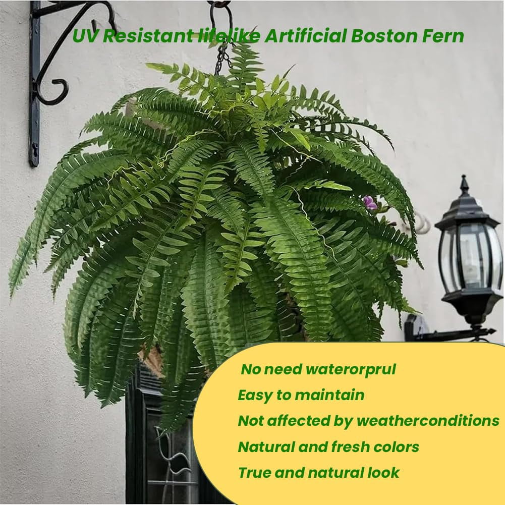2026 New UV Resistant Lifelike Artificial Boston Fern, Faux Boston Ferns for Outdoor Planter Large, 38/60/88 Leaves Silk Ferns Hanging Baskets for Porch Window Home Decor