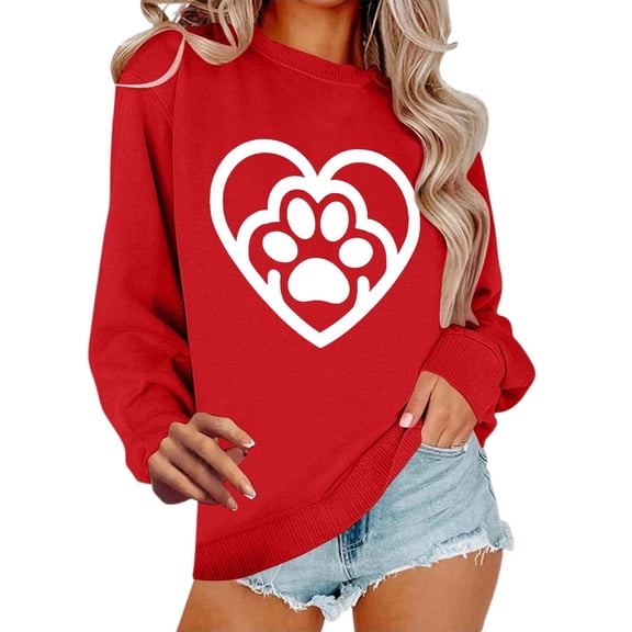 XIAOCHA Women Sweatshirt Valentine Loose Long Sleeve Crew Neck Sweatshirts Soft Comfortable Heart Paw Print Daily Casual Top