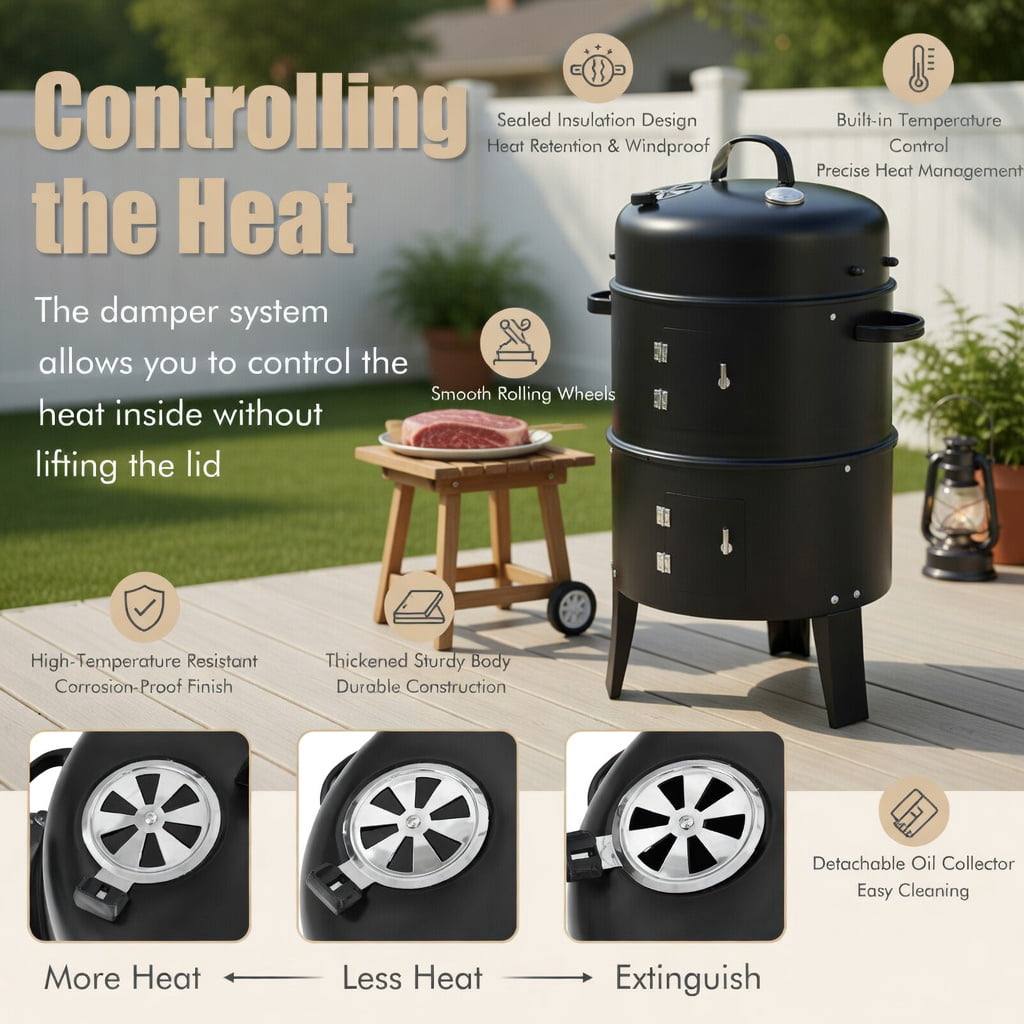 Resenkos Outdoor Patio Barbecue Cooker, Outdoor Grills,3-in-1 Charcoal BBQ Grill Cambo with Built-in Thermometer