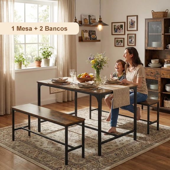 Mesas de Comedor con 2 Bancos para 4 a 6 Personas Comedor 2 en 1 Mesa de Cocina Moderno Marron