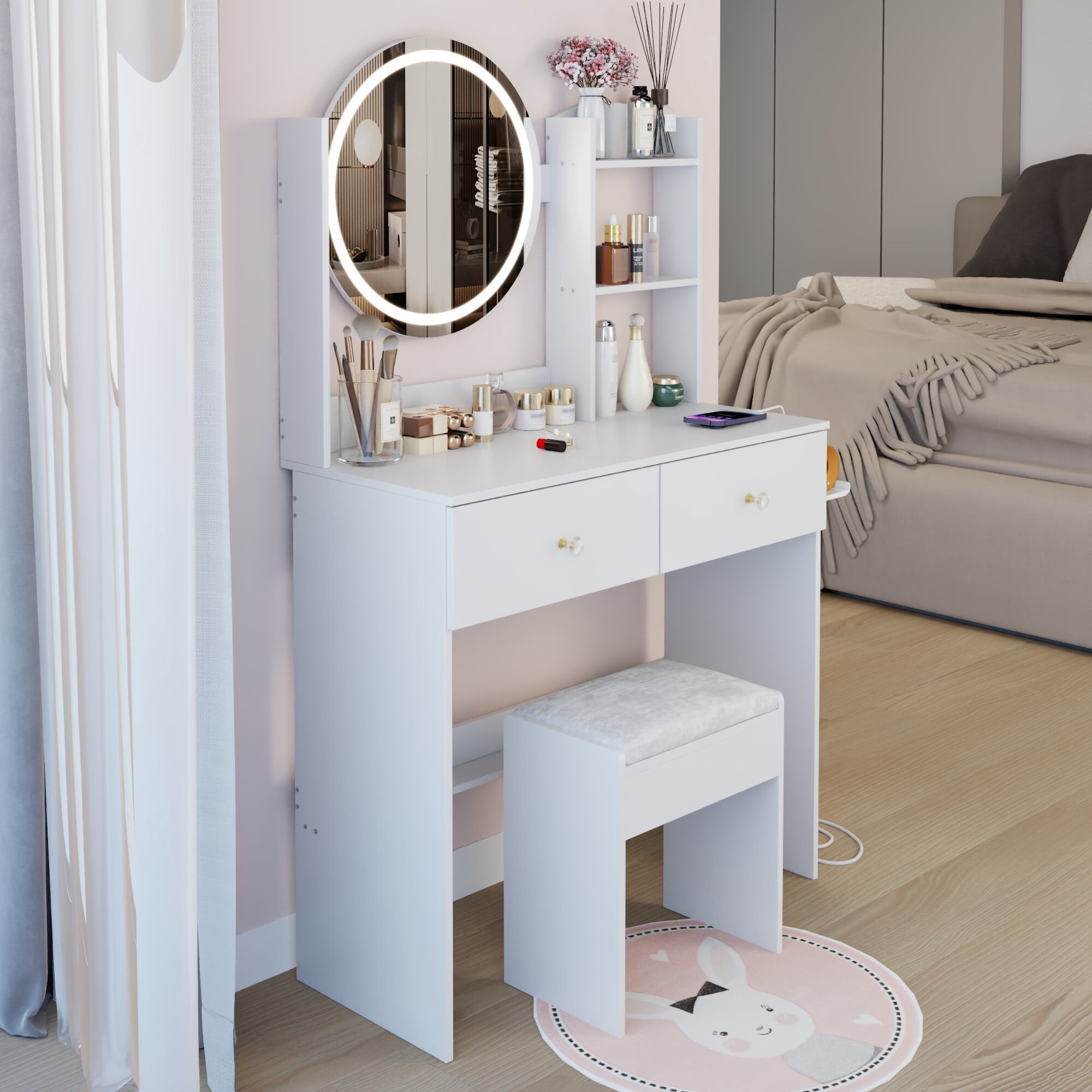 AENKYO LED Vanity Table Set with Lighted Mirror, Charging Station, 2 Drawers, Shelves & Upholstered Stool, White