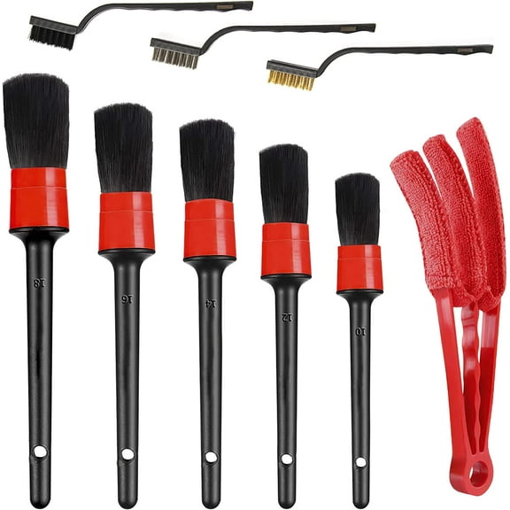 9 Pieces Car Detailing Brush Set, Premium Car Interior Cleaning Kit, for Cleaning Interior and Exterior, Including 5PCS Different Sizes Detail Brushes, 3PCS Wire Brush and Air Conditioner Brush
