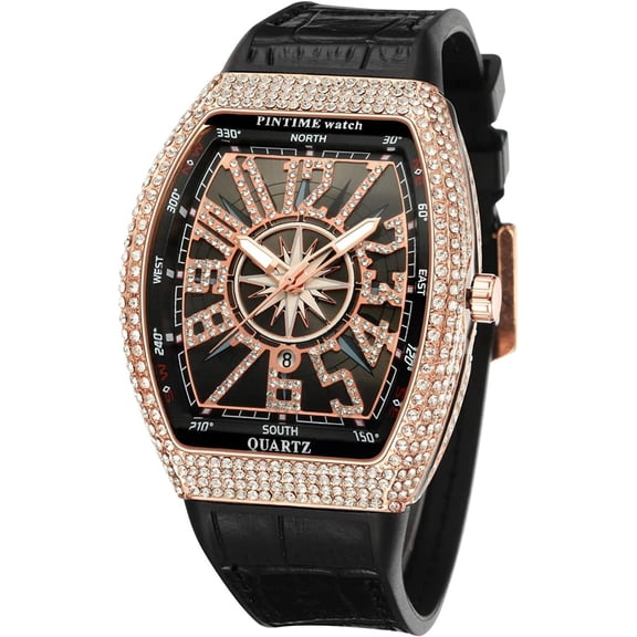 Men's Fashion Cool Unique Tonneau Watch Bling Crystal Rhinestone Quartz Wristwatches with Rubber Strap