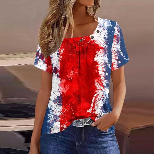 Fiudx Ofertas Del Día Blusa de Manga Corta a La Moda para Mujer, Camiseta Estampada, Top Informal
