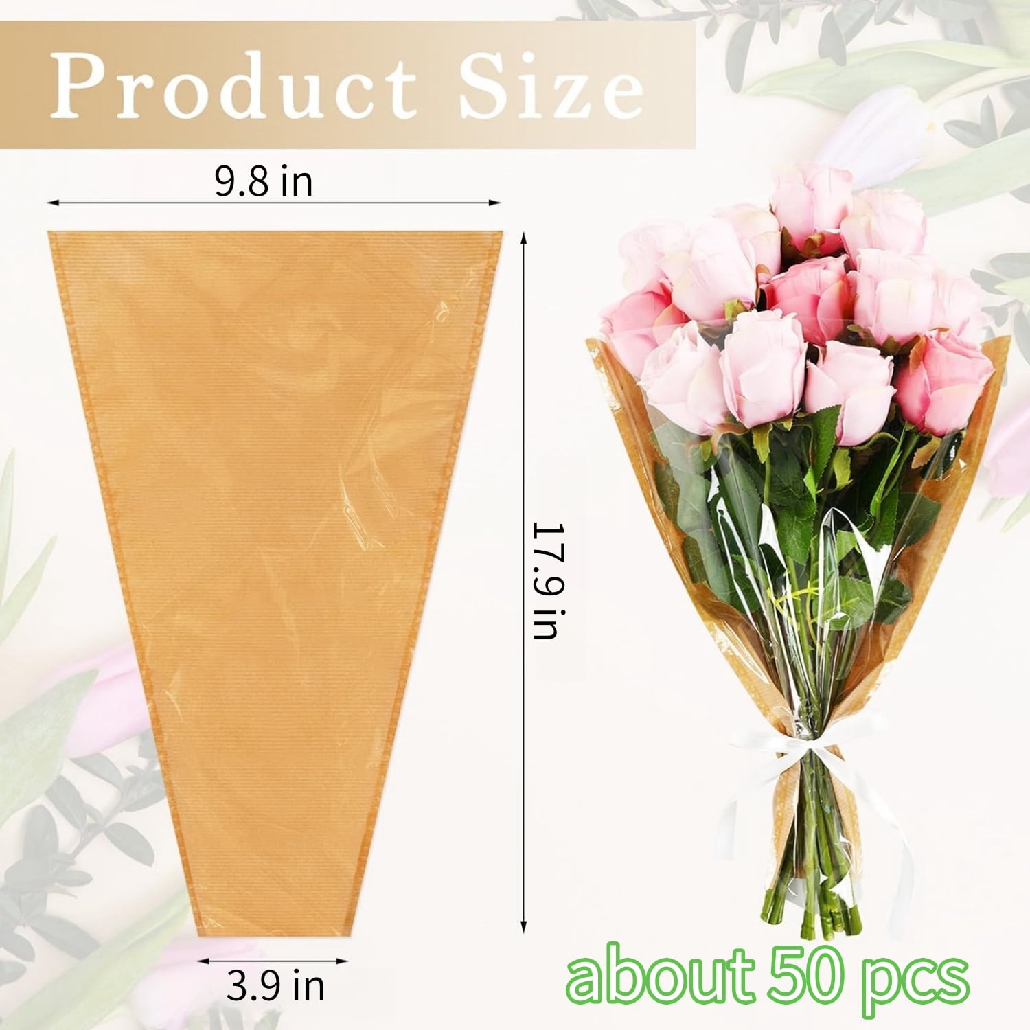 Flower Sleeves for Bouquets,Flower Bouquet Wrapping Paper,Flower Bouquet Packaging Bags Bulk,Floral Arrangement Supplies for Wedding Bridal Birthday Graduation Gift Wrapping,50 Pcs,Brown
