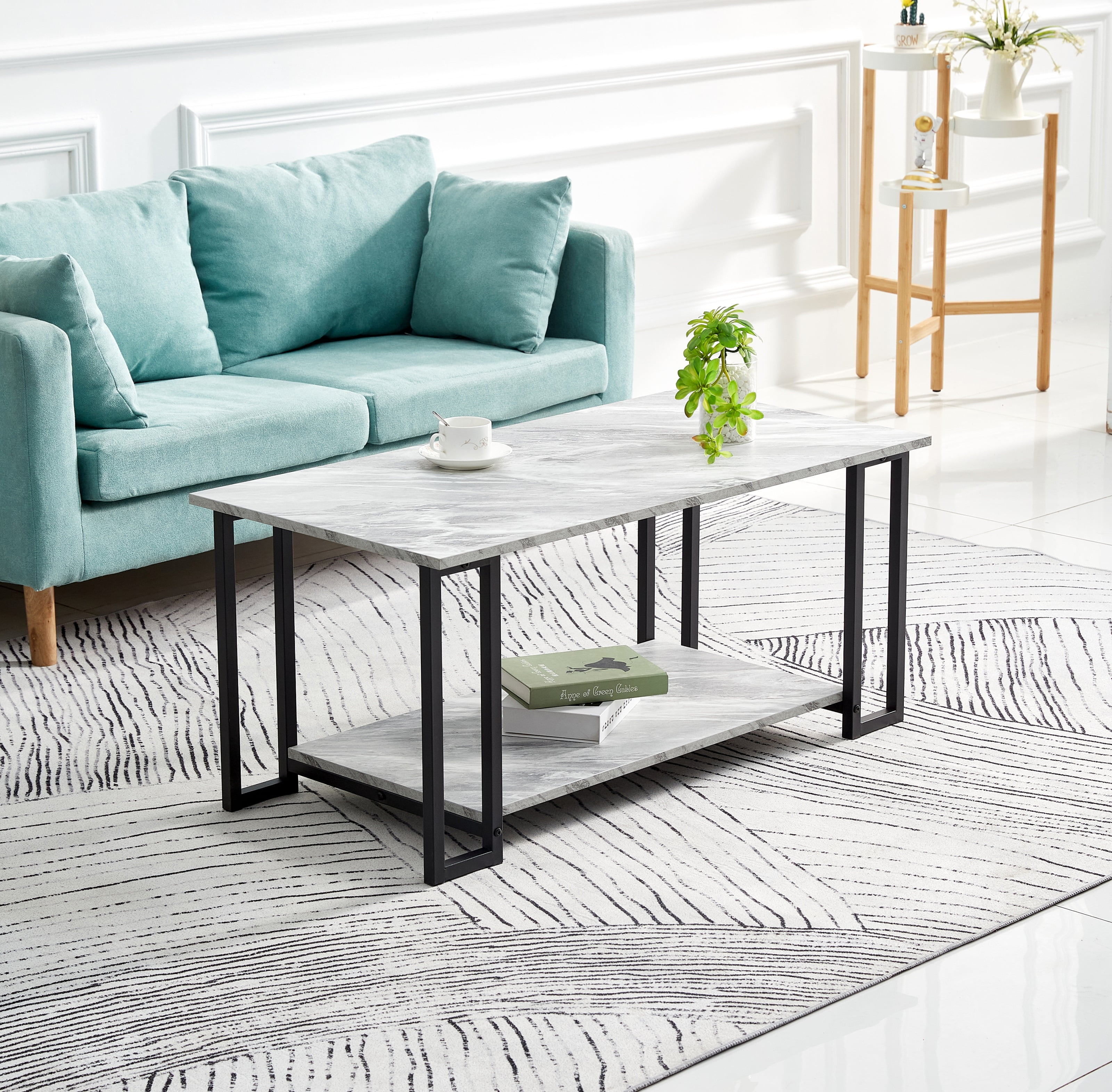 Lowestbest Coffee Table with 2 Layers Marble MDF Rectangle Tabletop Iron Coffee Table , for Dining Room, (White) Lowestbest Coffee Table with 2 Layers Marble MDF Rectangle Tabletop Iron Coffee Table , for Dining Room, (White)