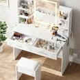 thumbnail image 2 of Makeup Vanity Desk Set with 3-Color LED Lighted Mirror and Power Outlet, 6 Storage Shelves and 2 Drawers, Cushioned Stool Included, Bedroom Dressing Table for Women，Marble White, 2 of 6