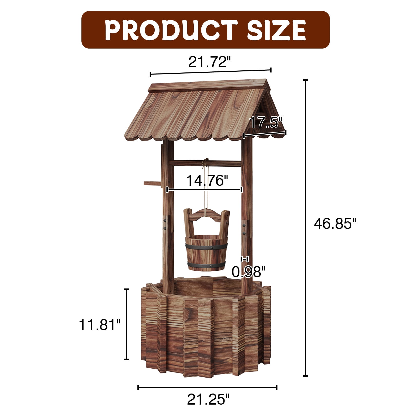 BaPiPro Wood Wishing Well Planter with Hanging Bucket for Flower and Plants, Brown, 22 In