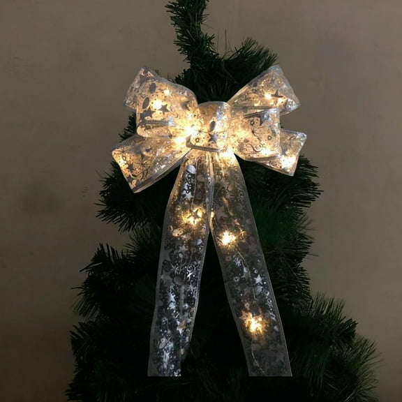Glowing Transparent Ribbon Bow for Christmas Tree, Light-Up Hanging Accessory for Festive Nighttime Display A