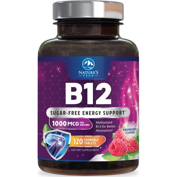 Vitamin B12 Complex (Methylcobalamin) 1000 mcg - 3X Strength B 12 Vitamins Supplement for Cellular Energy Metabolism, Nature's Nervous System Support, Bottled USA, Berry Flavor - 120 Chewable Tablets