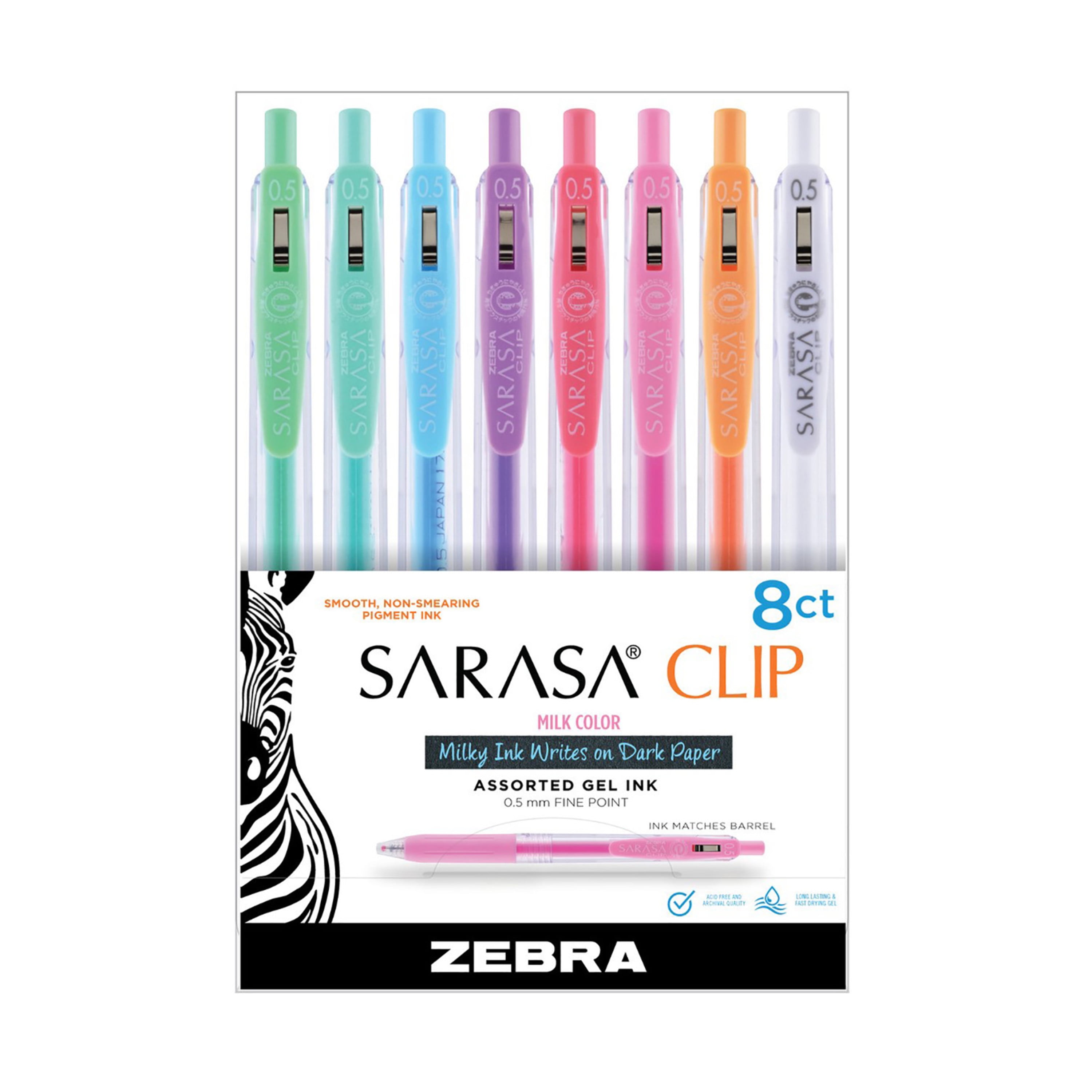 Zebra Sarasa Clip Gel Retractable Pen Set, .5mm, Milk Colors, 8-Colors