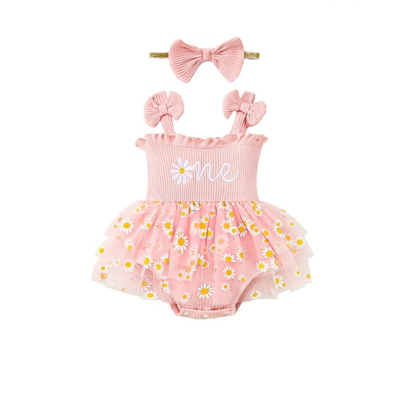 KIMI BEAR Infant Baby Girls Bodysuits 12-18 Months Summer Clothes Sleeveless Boknots Tulle One-piece Overalls Letter Daisy Print Clothing with Headband 2pcs Pink