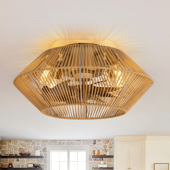 ALKAFY 19 inch Gold Retro Caged Ceiling Fan - 7 Wood Grain ABS Blades & Remote for Low Ceiling, Living Room, Bedroom