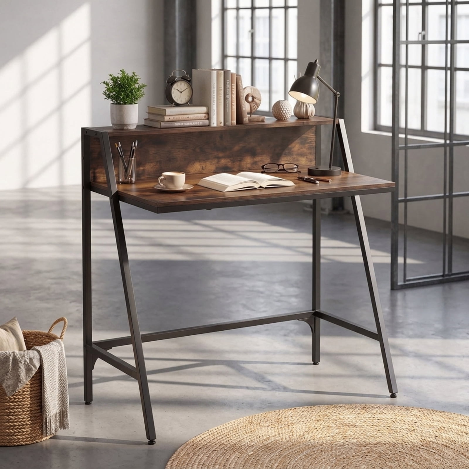 Furnibear Small Desk 31.5 Inch Industrial Writing Desk with Raised Shelf and Metal Frame, Space-Saving Home Office Computer Desk, Rustic Brown