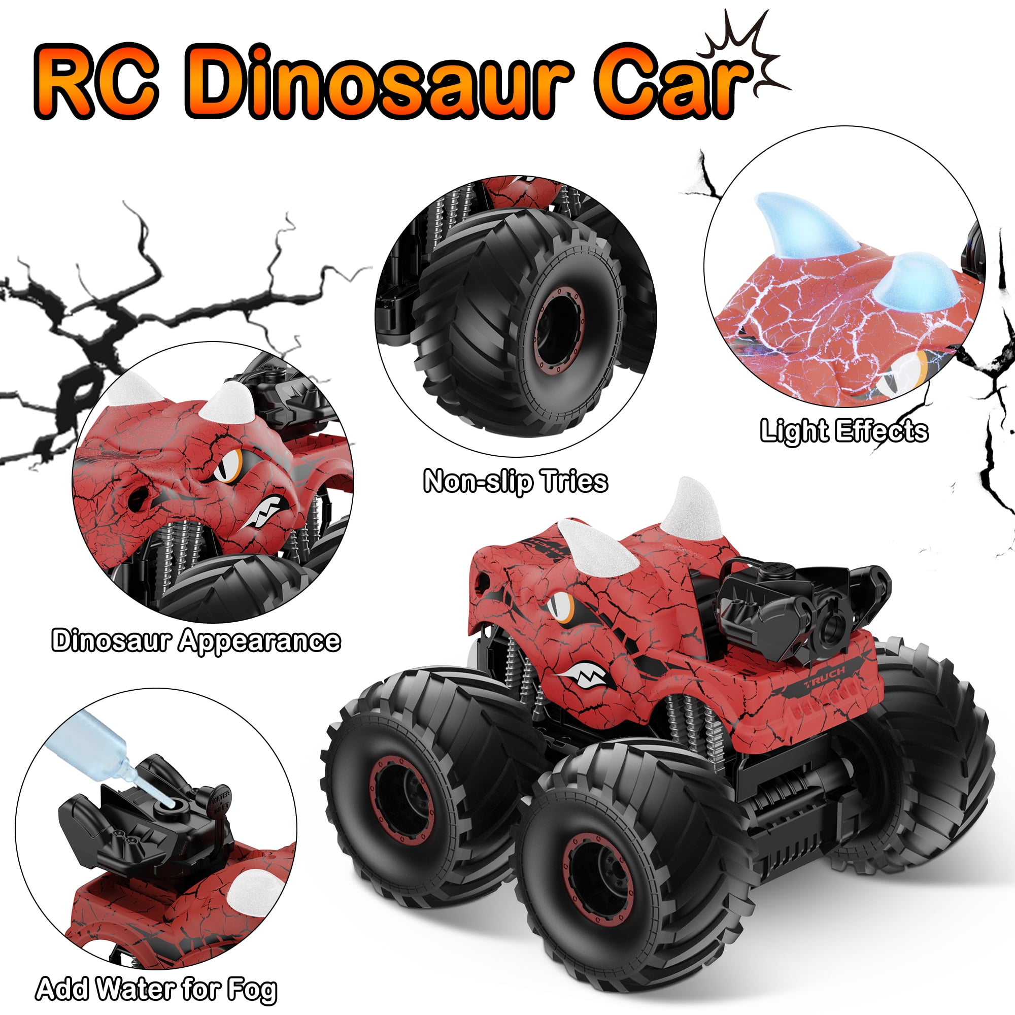 UUGEE Remote Control Car Toys, 2.4GHz RC Dinosaur Cars for Boys Girls Toddlers, 360° Rotating Monster Trucks with Light, Sound & Spray, Christmas Birthday Gifts for Kids 6 7 8