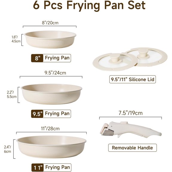 Nonstick Frying Pan Set with Detachable Handle, 3-Piece Granite Cookware for All Stovetops