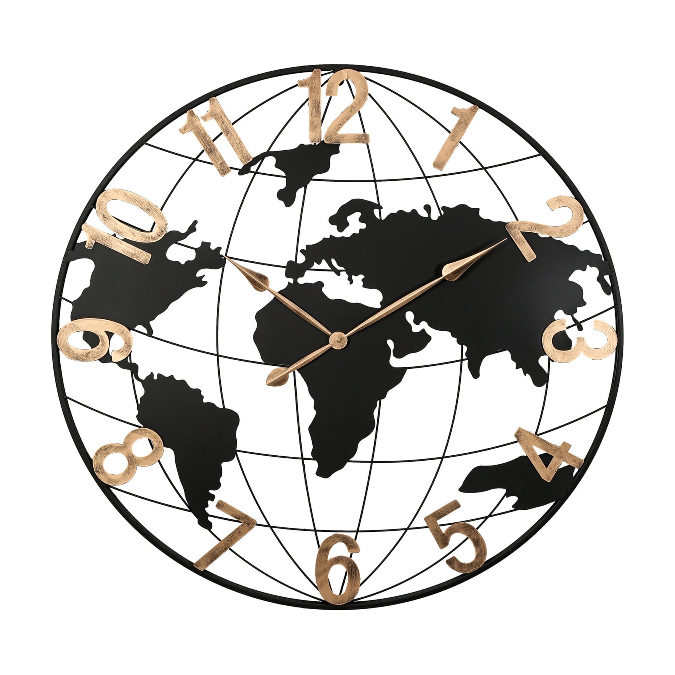 Noble House Large Black Metal World Map Wall Clock, Silent Design with Vintage Gold Arabic Numerals, Modern Decorative Clock, Black + Gold