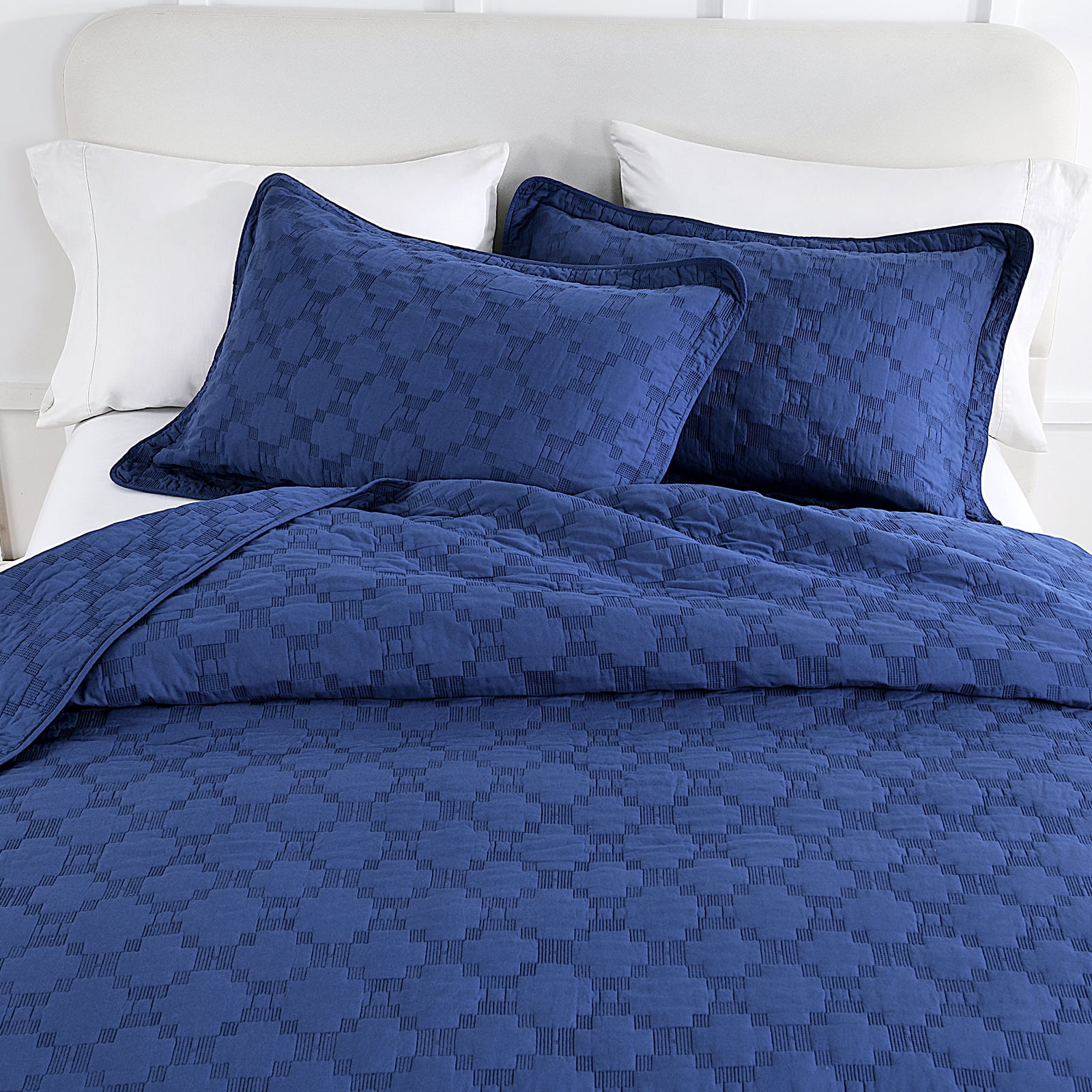 PANGUSHAN 100% Cotton Quilt King Size, Navy Blue King Quilt Bedding Set Embroidery Quilted Bedspreads, Lightweight Comforter for King Bed, All Season, 3 Pieces