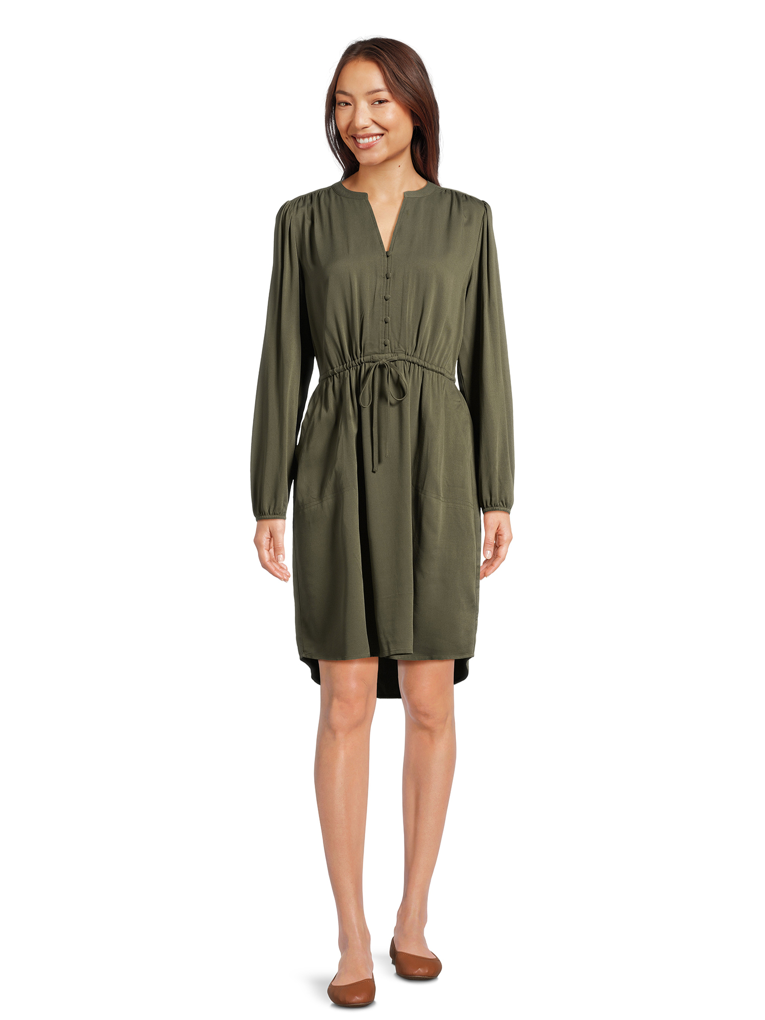 Time and Tru Women's Button Front Drawstring Waist Dress with Long Sleeves, Sizes XS-3XL - image 2 of 5