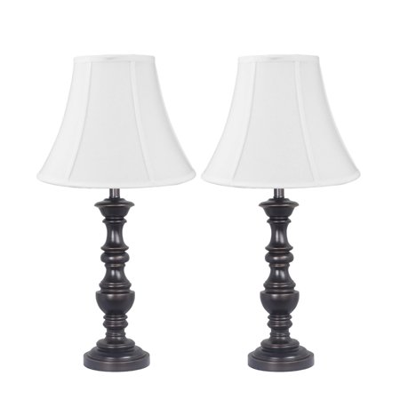 Abr Antique Bronze Finish Kimber Turned Table Lamp Set of 2 Antique Bronze Finish with White Bell Shantung Shade ()
