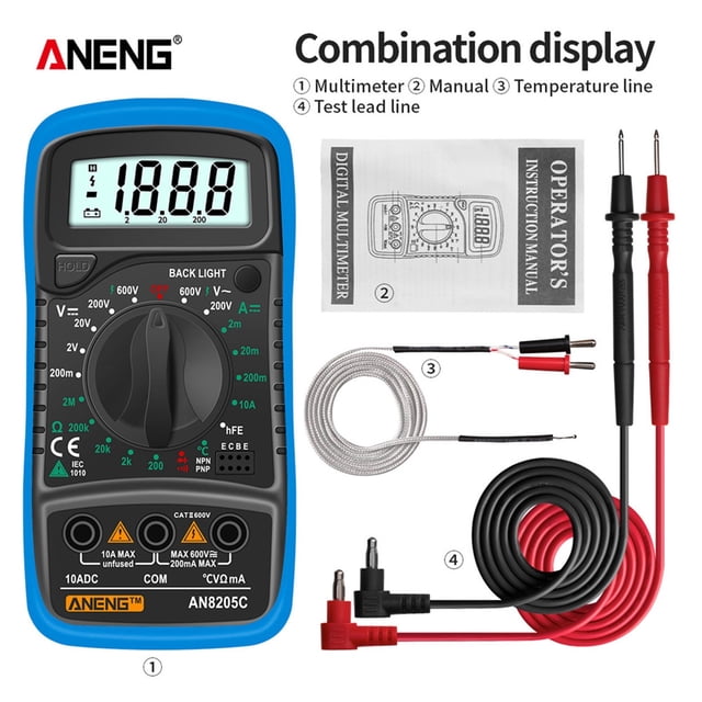 AN8205C Digital Multimeter AC/DC Ammeter Volt Ohm Test Meter Profession Multimetro With Thermocouple LCD Backlight Display ,High Efficiency