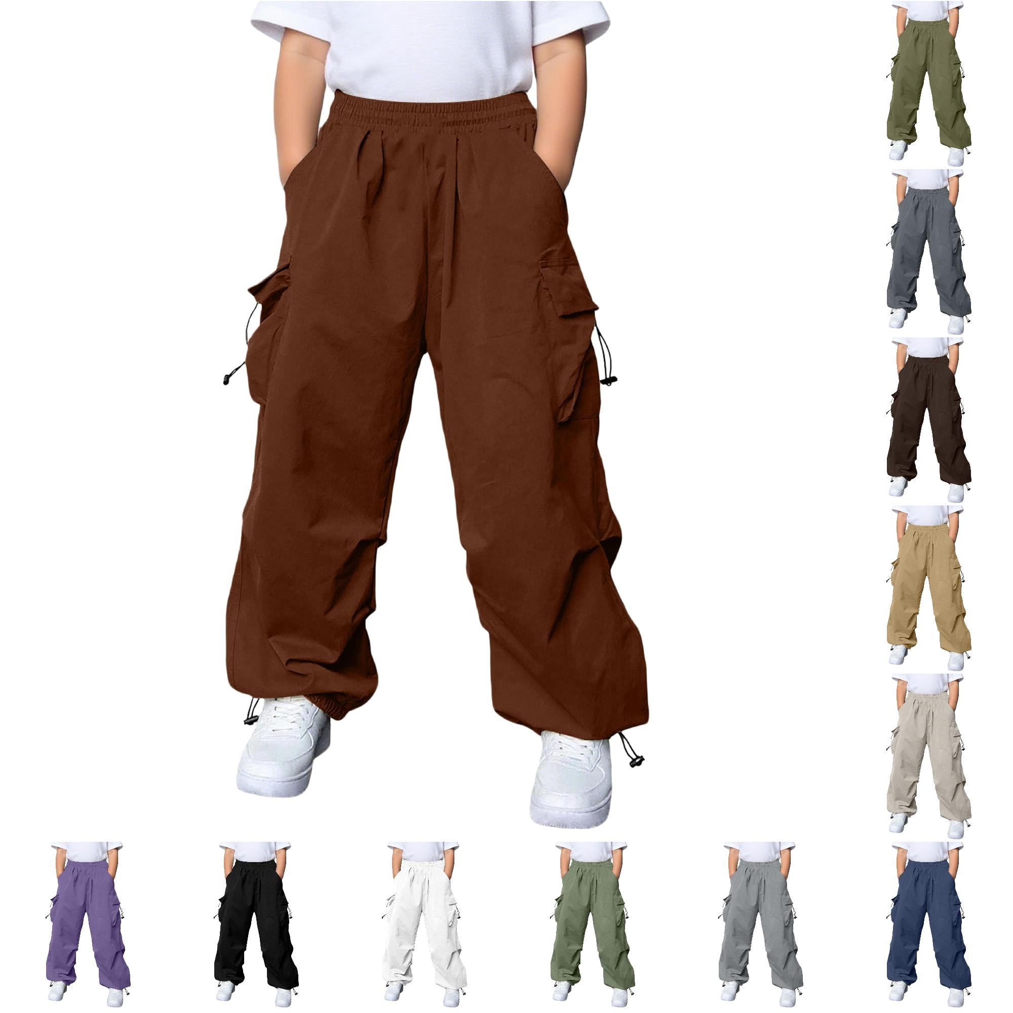 CUZIBR Boys Kids Cargo Pants With Multiple Pockets Elastic Waist Solid Color Loose Quickly Dry Wide Leg Trousers Casual Trousers Lightweight Athletic Breathable Bottoms Coffee 14-15 Years