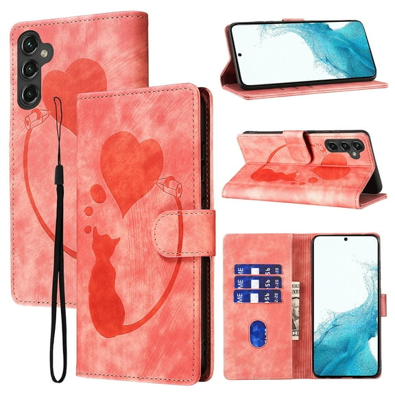 for Samsung Galaxy A35 Phone Case Wallet Flip Cases,Cute Cat & Heart Patterned,Retro PU Leather Kickstand,Card Holder,Wrist Strap,Magnetic Closure,Shockproof Cover For Samsung Galaxy A35, Pink