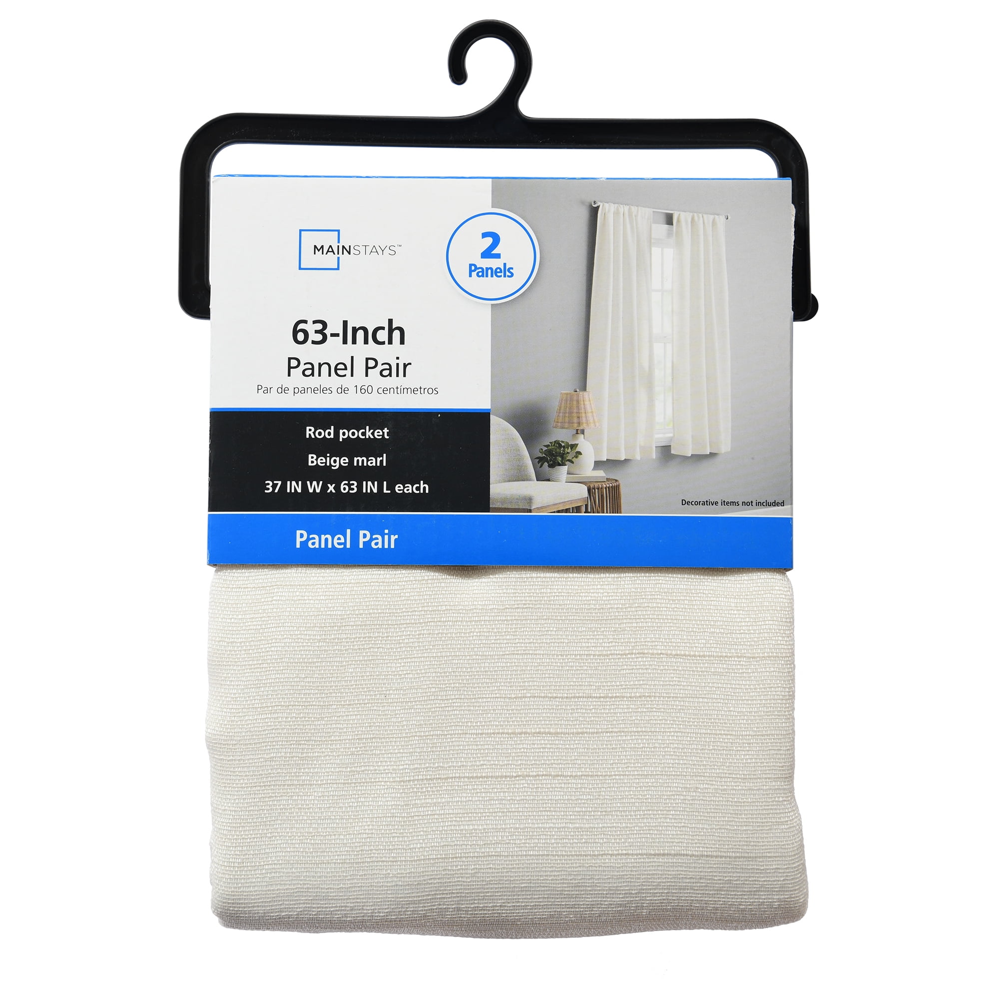 Mainstays Light Filtering Beige Curtains For Bedroom And Living Room, Linen Look, 2 Panel Set