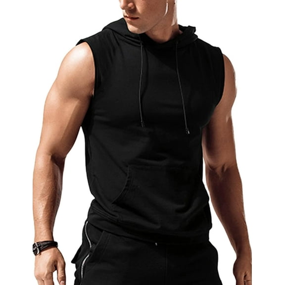 Men's Workout Hooded Tank Tops Sleeveless Gym Training Hoodies Bodybuilding Muscle Cut Off T Shirt