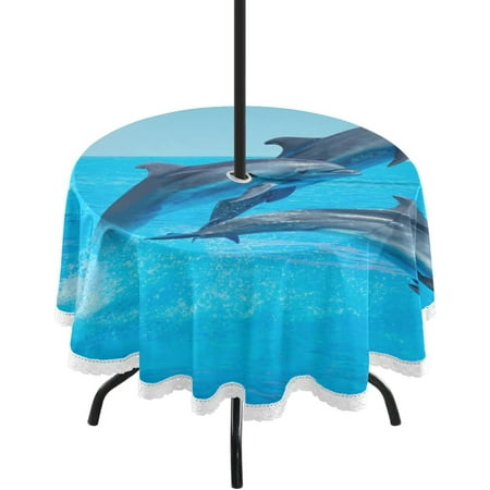 

SKYSONIC Dolphin Round Tablecloth with Zipper Umbrella Hole Waterproof Washable Polyester Fabric Table Cover for Outdoor Patio Garden Party 60 Inch