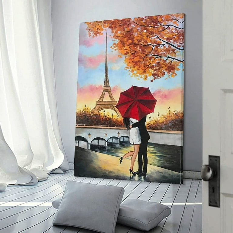 Kissing Couple Painting Couple Wall Art Paris Love Cute Couple Gift  Romantic Couple Kiss Painting Canvas Print Picture Wall Art Poster for  Bedroom Living Room Decor 16x24inch(40x60cm) Frame-Style 