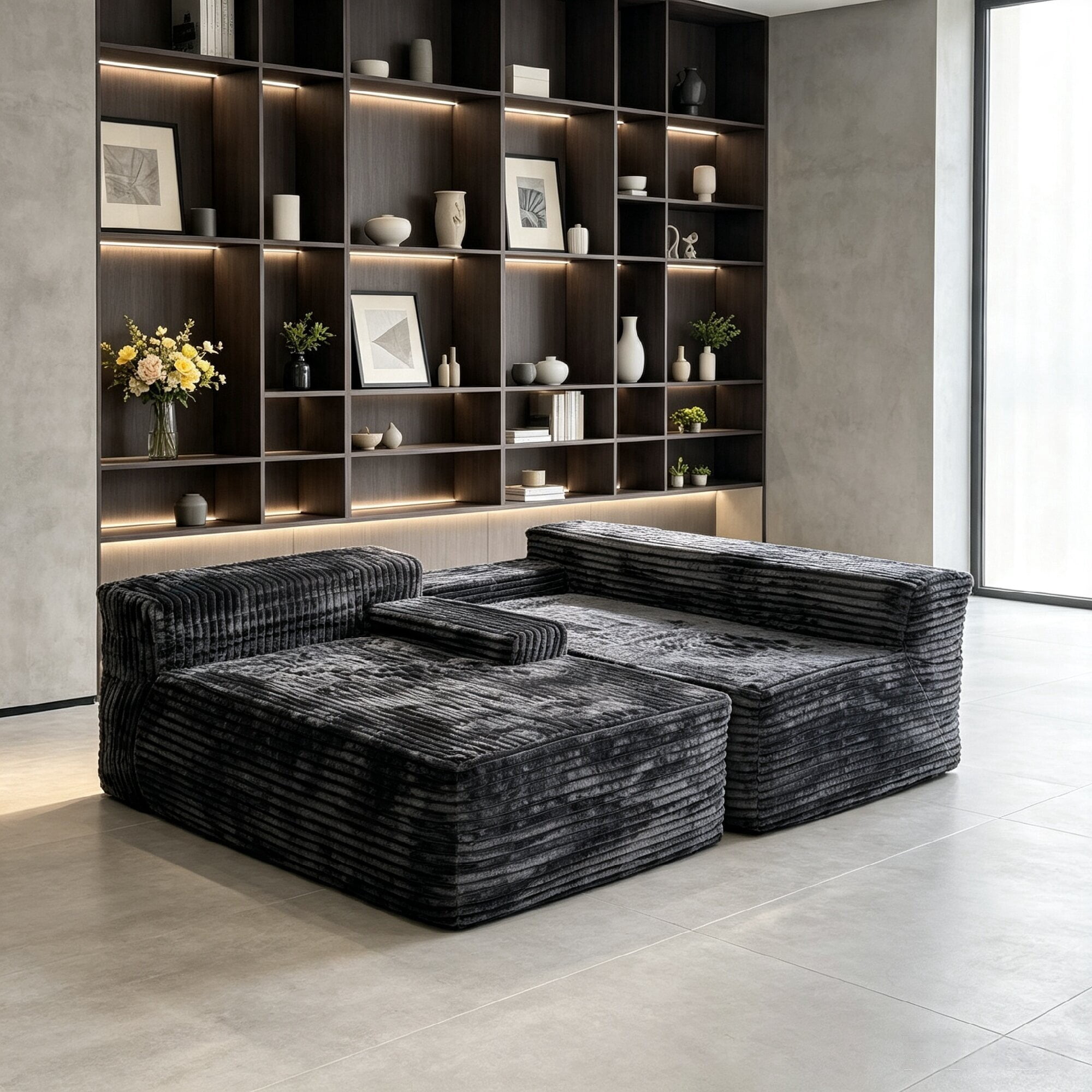 Howcool 96" L‑Shaped Modular Sectional Sofa with Deep Seat Chaise,Corduroy 3‑Seat Boneless Cloud Couch,Compressed Sofa for Living Room,No Assembly Required,Right Facing,Gray