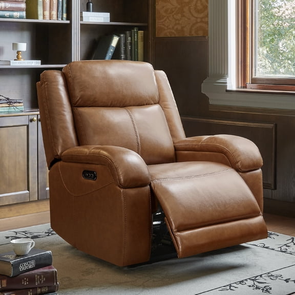Spruce & Spring Genuine Leather Wall Hugger Power Recliner with Dual Motors, Saddle-Medium