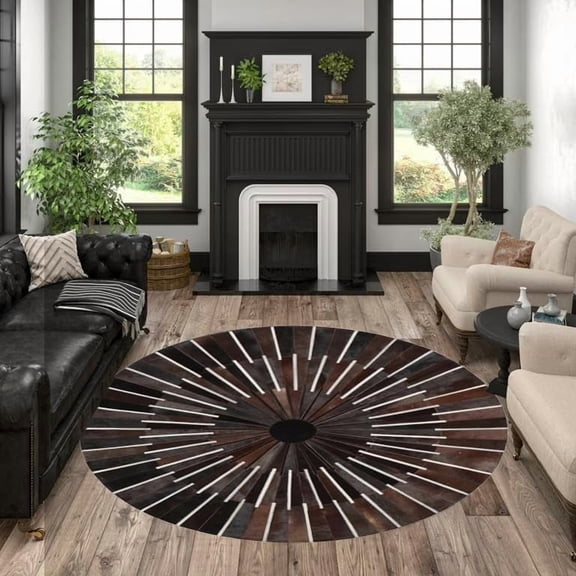 Cowhide Leather Round Area Rug | Stripe Patchwork Round Area Carpet for Bedroom, Dining Room, and Living Room Decor, Color: Cola Red (3X3 ft)