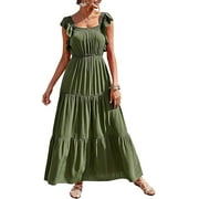 PRETTYGARDEN Womens Summer Boho Maxi Dress Short Sleeve V Neck Ruffle Trim High Waisted Tiered Party Flowy Long Dresses 2023