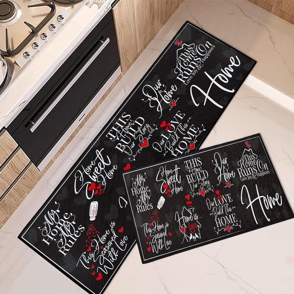Black Kitchen Rugs and Mats Non Skid Washable Set of 2, Red Love Heart My Sweet Home Kitchen Runner Rug, Modern Phrase Doodle Under Sink Mats for Kitchen Floor Decor