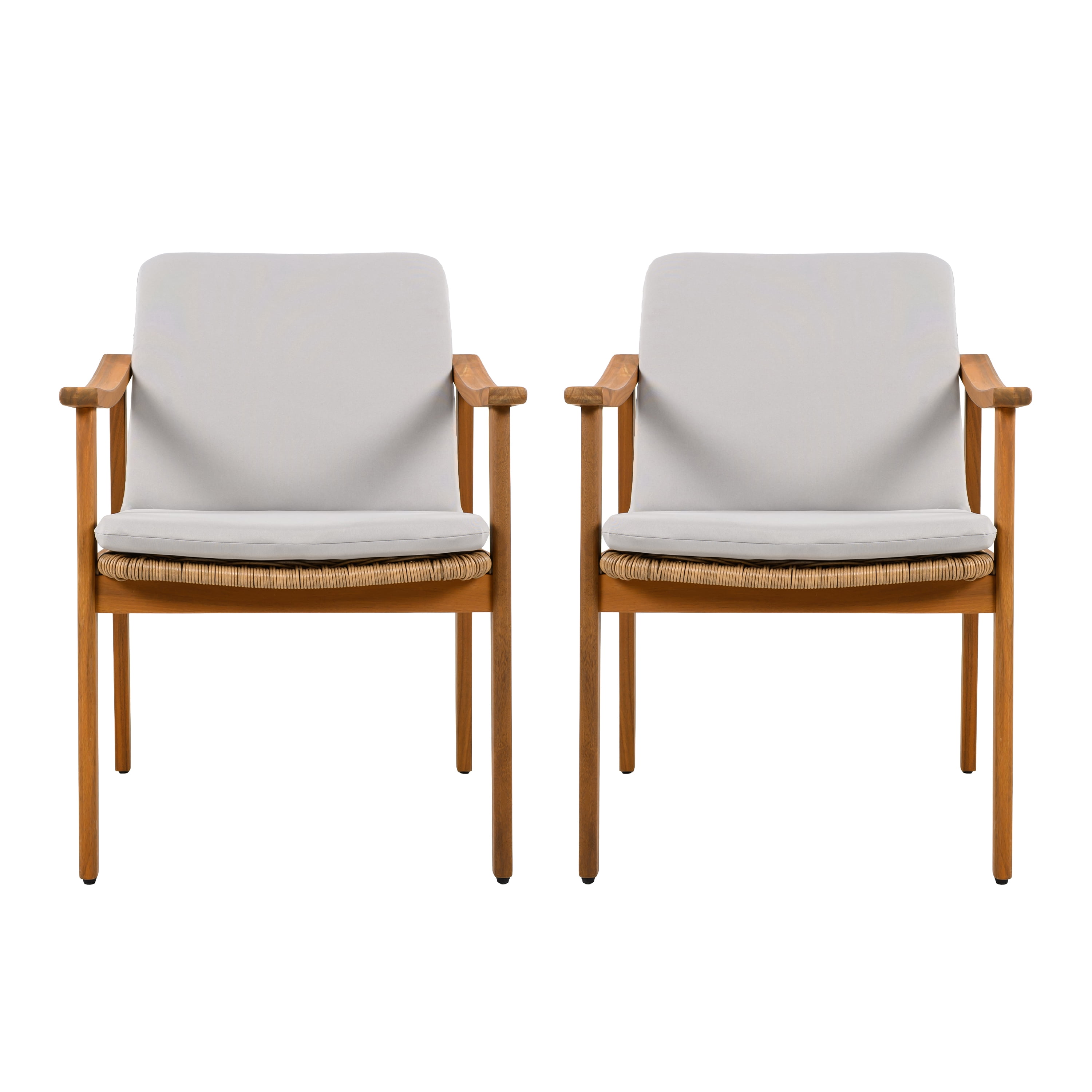 Outdoor Dining Chairs Set of 2, Teak Color Acacia Wood Frame Brown PE Wicker Grey Waterproof Cushion, Teak