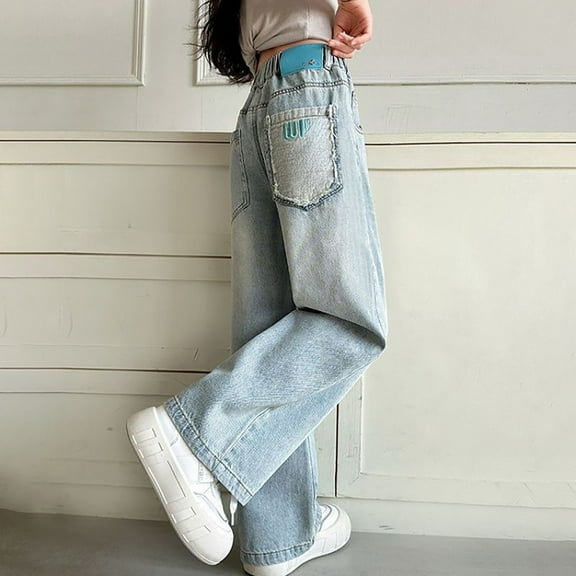 Girls Personality Fashion Pants High Waist Wide Leg High Waist Denim Pants for Teens Juniors Jeans