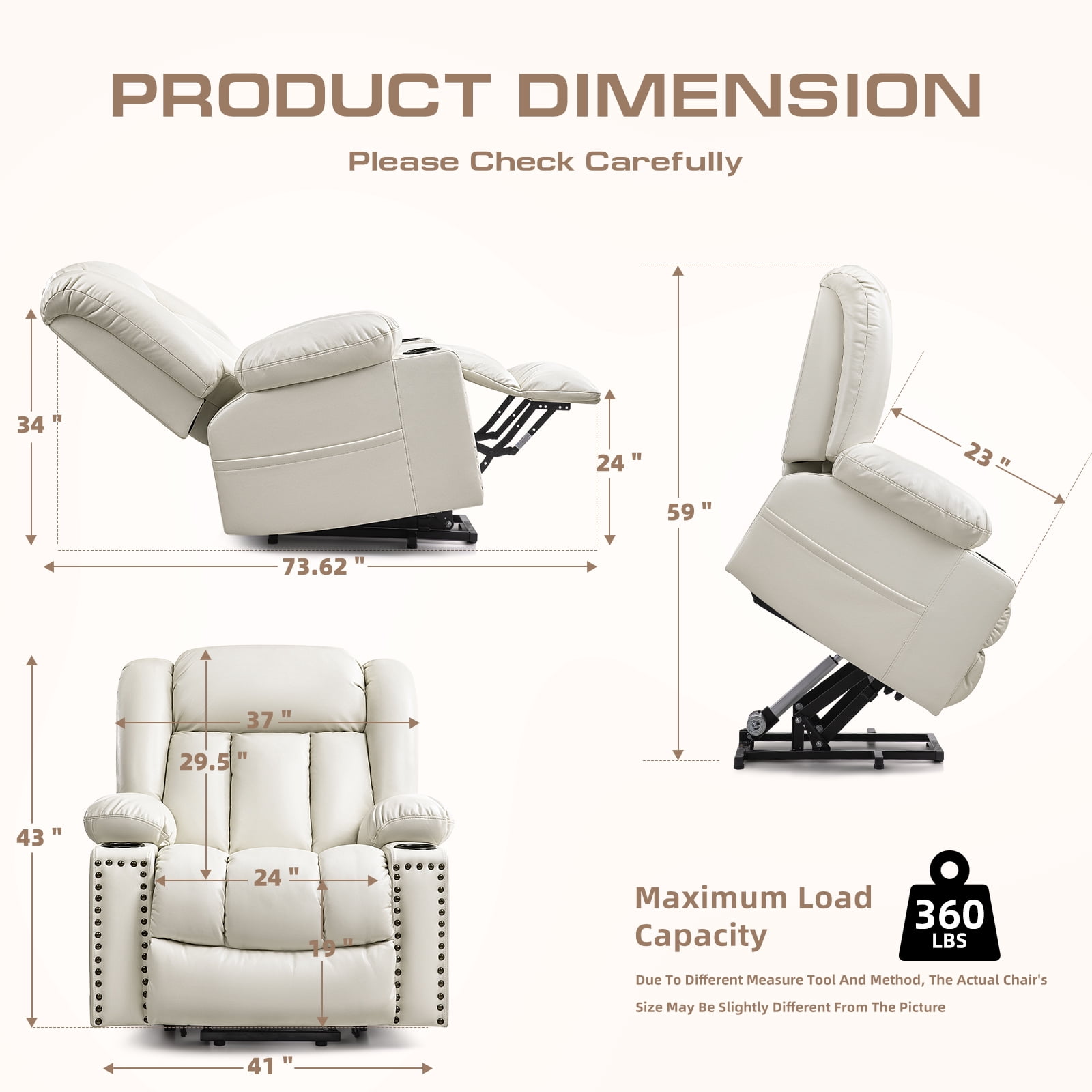 Large Power Lift Chairs Recliners for Elderly with Heated and Massage, Overstuffed Adjustable Lift Chairs, 3 Positions, Breathable Leather, USB-A and USB-C, Cup Holder, Side Pocket, Dark Brown
