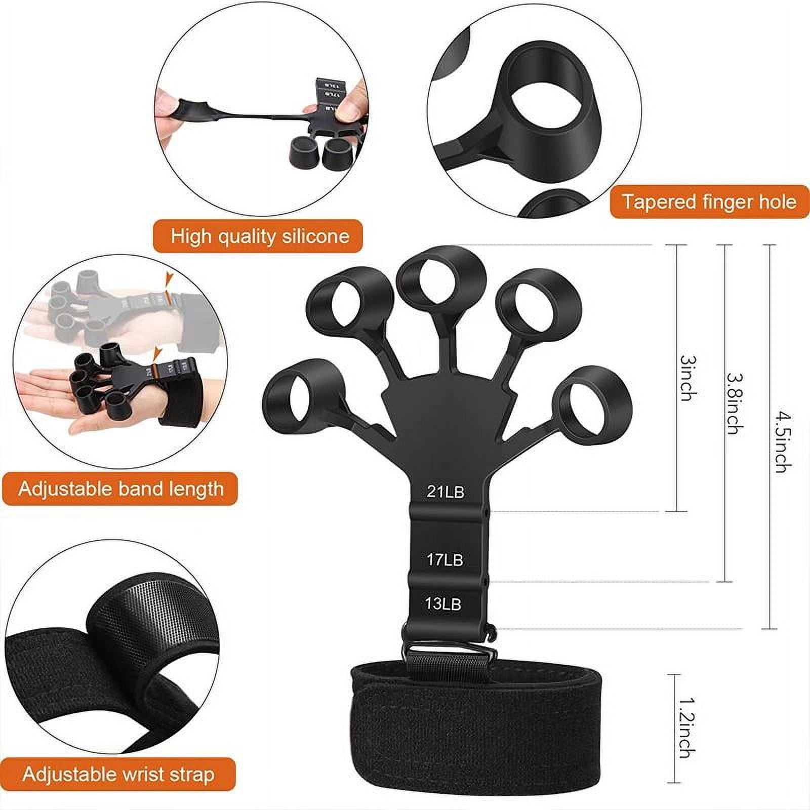 Finger trainer, wrist tension device, 6 wristbands, and 6 trainers (3 gray and 3 black)