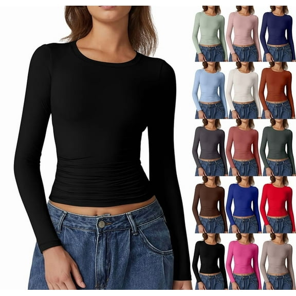 Womens Long Sleeve Shirts Basic Compression Going Out Crop Tops Fall Fashion Y2K Clothes 2025 Black S